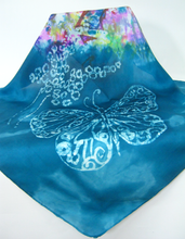 Load image into Gallery viewer, Silk Square Scarf Teal Butterfly
