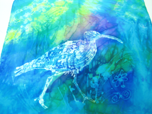 Load image into Gallery viewer, silk_painting_on_a_small_silk_square_scarf_depicting_the_curlew_a_bird_that_is_becoming_very_rare_in_Ireland_a_perfect_gift_for_any_bird_lovers
