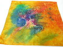 Load image into Gallery viewer, A_square_tie-dyea_fabric_art_piece_featuring_a_stylized_tree_of_life_design_with_swirling_branches_and_a_sun_motif,_in_vibrant_yellow,_orange,_green,_blue,_and_purple_tones.
