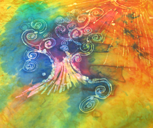 Load image into Gallery viewer, A_close_up_of_the_silk_scarf_done_in_the_art_of_batik_the_detail_of_the_Celtic_tree_in_shaes_of_white_pale_yellow_and_pink_with_sunset_golds_and_orange_and_earthy_green_and_blue_in_the_background
