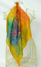 Load image into Gallery viewer, A_small_silk_square_hand_painted_by_Louise_Loughman_artist_displayed_on_a_wire_mannequin_infront_of_a_white_wall
