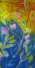 Load image into Gallery viewer, silk_wall_hanging_golden_sun_lilac_tree_pink_butterflies
