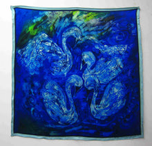 Load image into Gallery viewer, Silk Satin Printed Square The Swans Blue and Green
