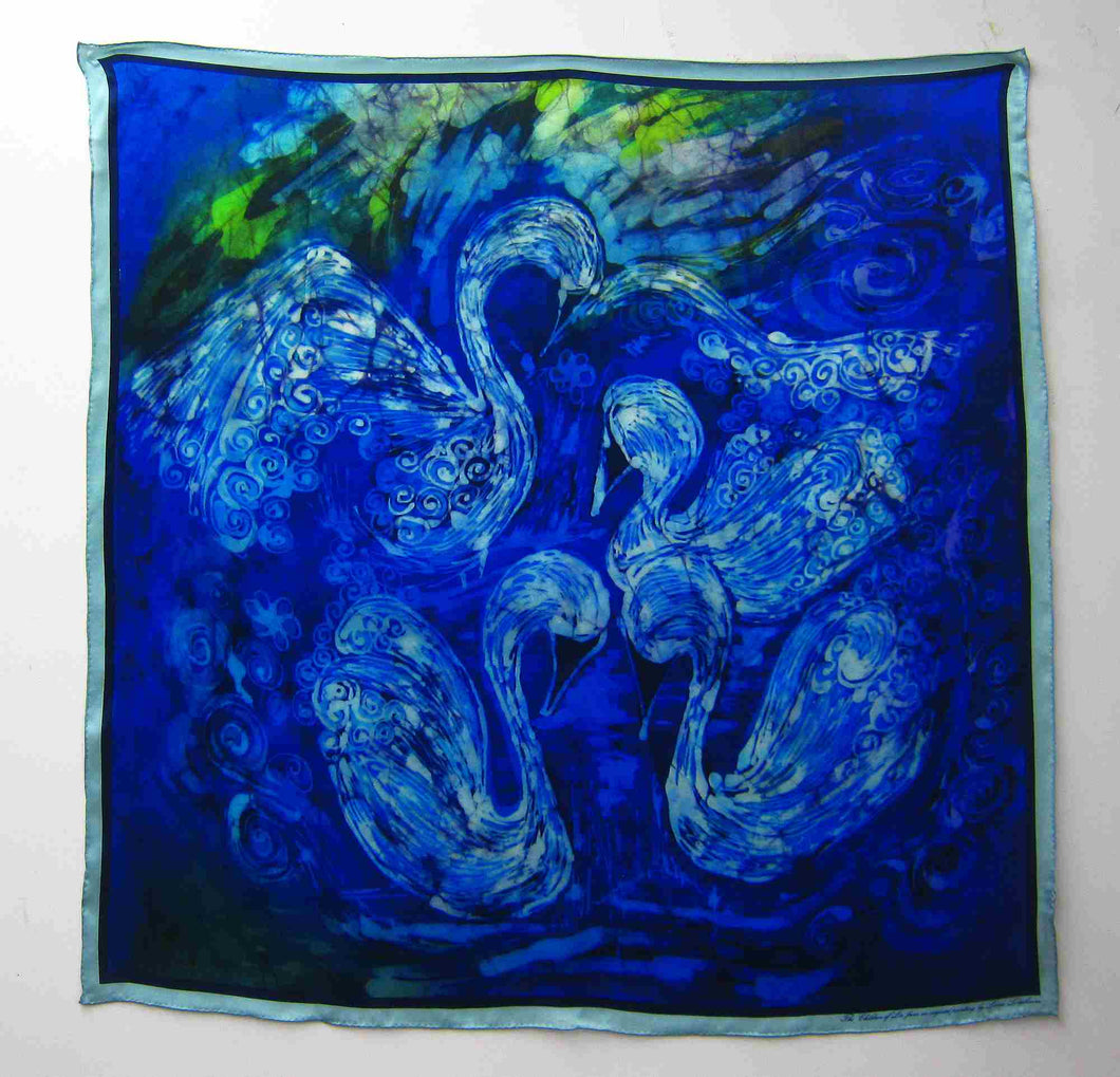 Silk Satin Printed Square The Swans Blue and Green