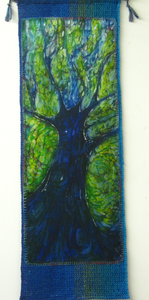 Silk Painting and Handwoven Wall Hanging The Dark Blue Violet Tree of Life