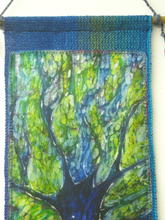 Load image into Gallery viewer, Silk Painting and Handwoven Wall Hanging The Dark Blue Violet Tree of Life
