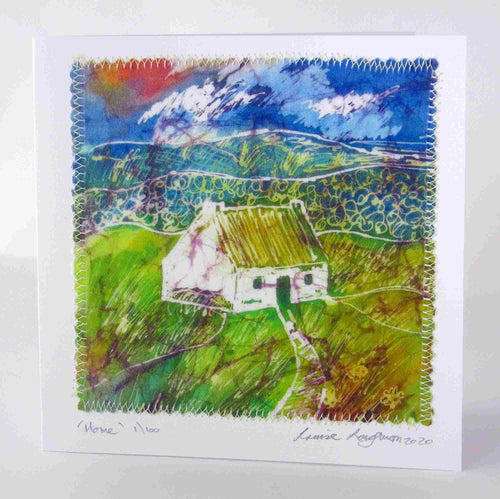 Irish_cottage_painting_from_original_batik_painting_by_Louise_Loughman_a_colourful_picture_in_greens_yellows_blues_with_a_hint_of_pink_red_Perfect_for_framing_a_card _and_a_gift