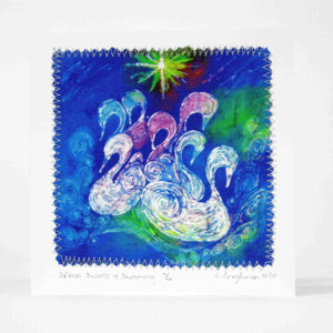 Hand made Card Seven Swans a Swimming