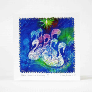 Hand made Card Seven Swans a Swimming