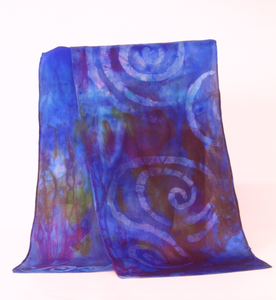 Silk Satin Neck Scarf Dark Blue Purple Spirals