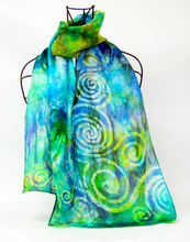 Load image into Gallery viewer, Silk Scarf Hand Painted Green Lilac Celtic Forrest
