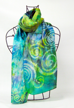 Load image into Gallery viewer, Silk Scarf Hand Painted Green Lilac Celtic Forrest

