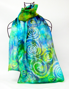 Silk Scarf Hand Painted Green Lilac Celtic Forrest