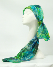 Load image into Gallery viewer, Silk Scarf Hand Painted Green Lilac Celtic Forrest
