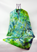 Load image into Gallery viewer, Silk Scarf Hand Painted Celtic Emerald Forrest
