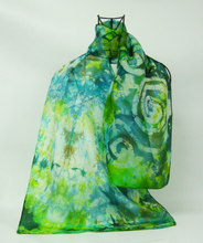 Load image into Gallery viewer, Silk Scarf Hand Painted Celtic Emerald Forrest
